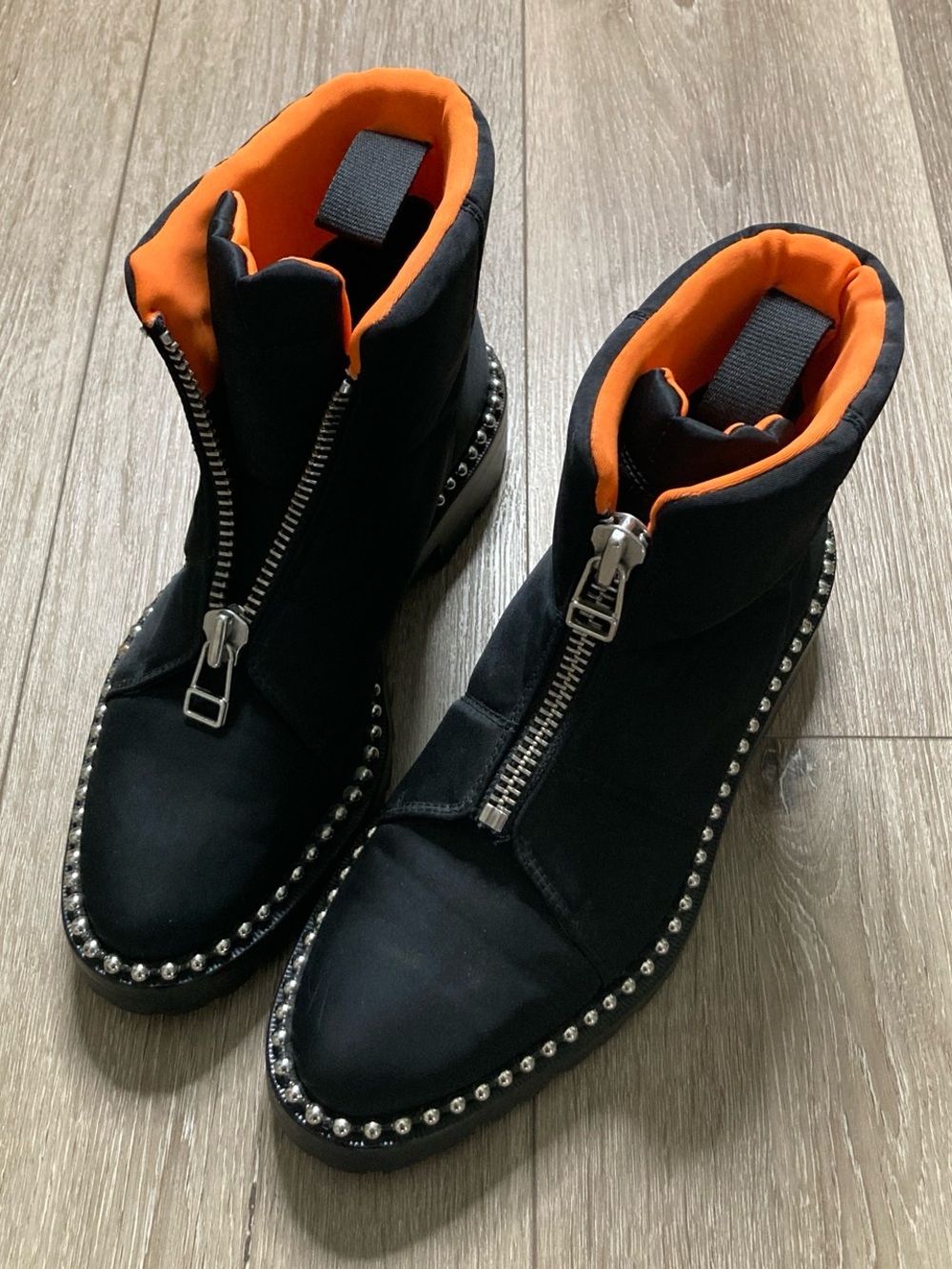 Alexander Wang Black Ankle Boots with Orange Lining and Silver Stud Trim